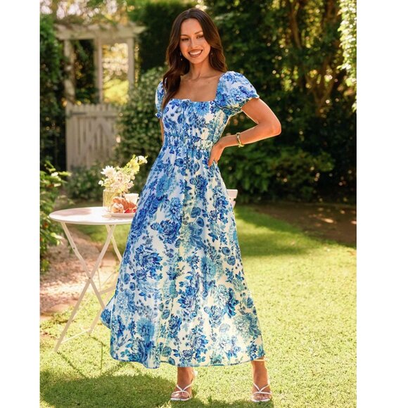 New to Posh C π| Euro StyleBlue and White Ruched Smocked Tiered Maxi Sundress - Picture 5 of 8